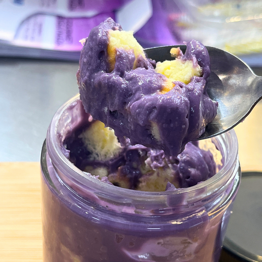 Cheesy Cake Cup with Ube Sauce